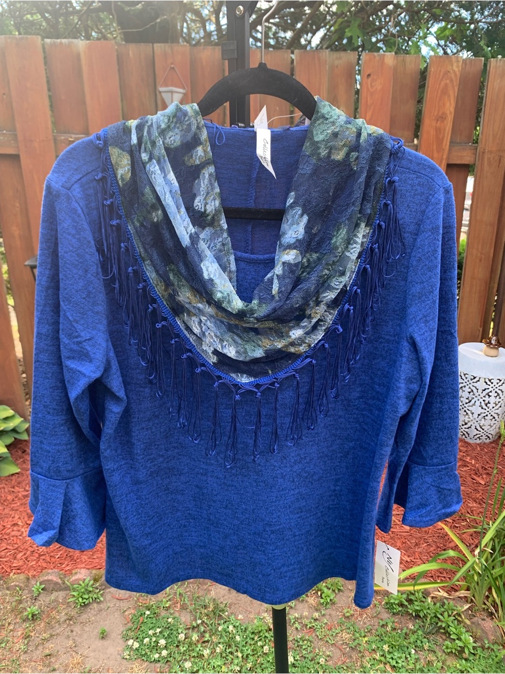 NY Collection Royal Blue Knit Top with Multi-Color Scarf